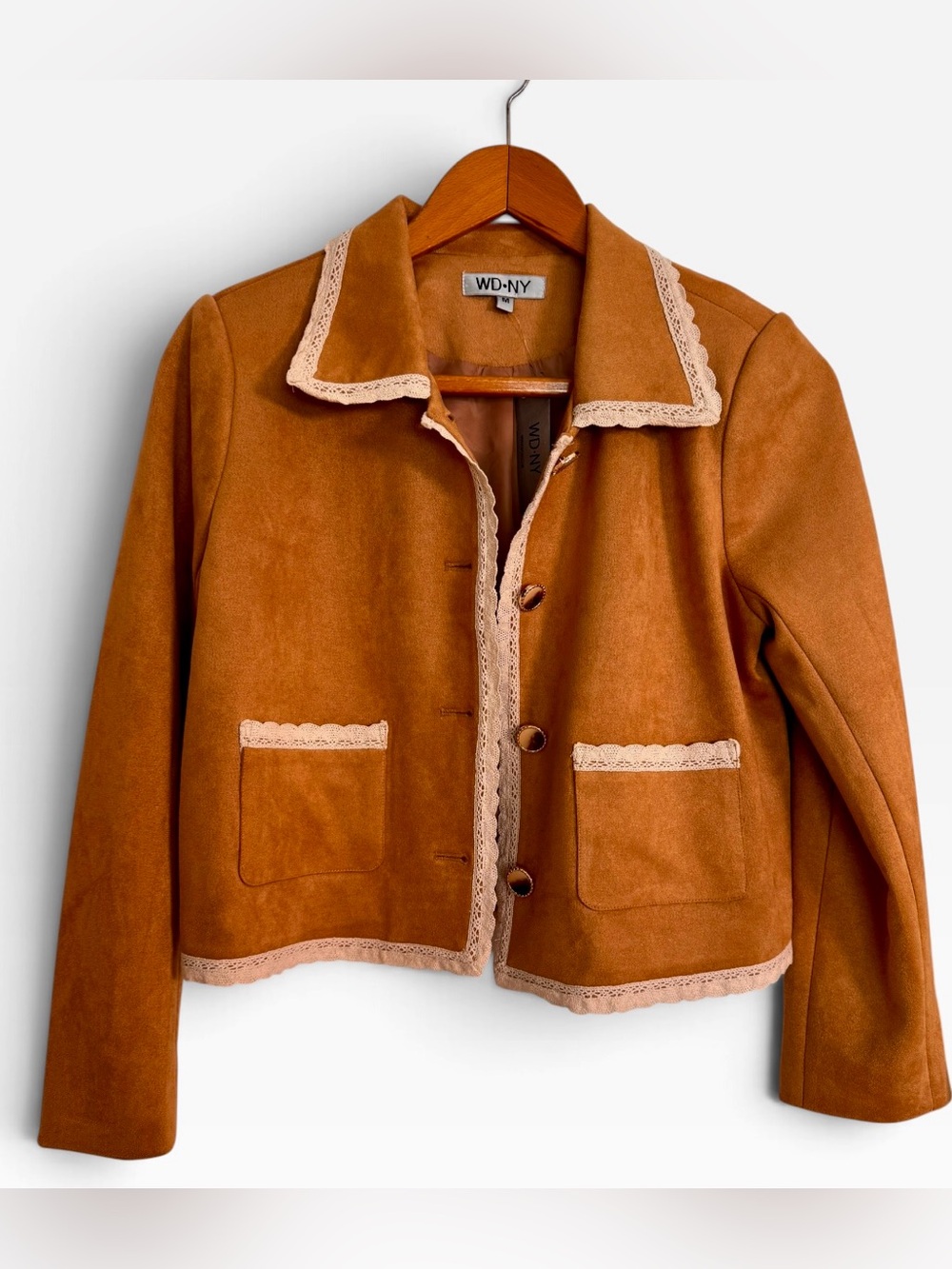 WD.NY Rustic Brown Suede-Style Jacket with Cream Lace Trim